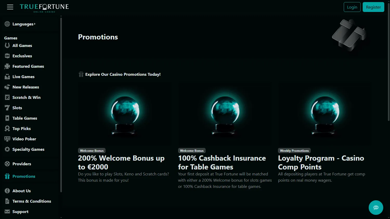 True Fortune Casino promotions view on desktop