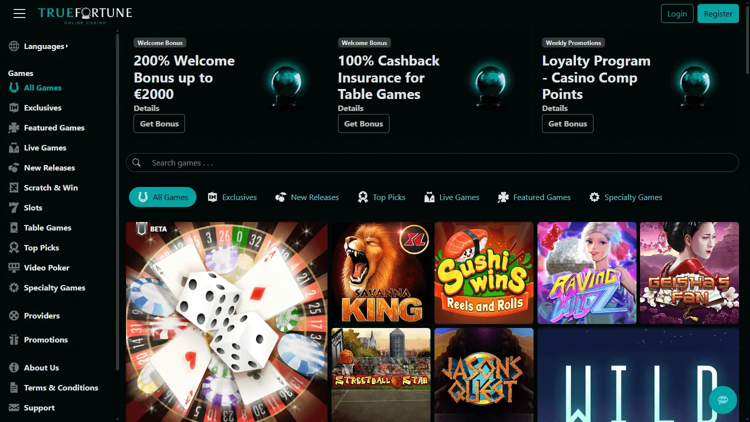 True Fortune Casino home view on desktop