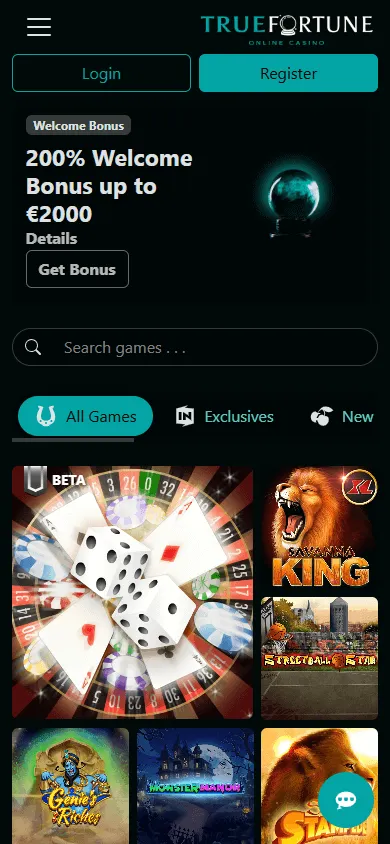 True Fortune Casino home view on a mobile device